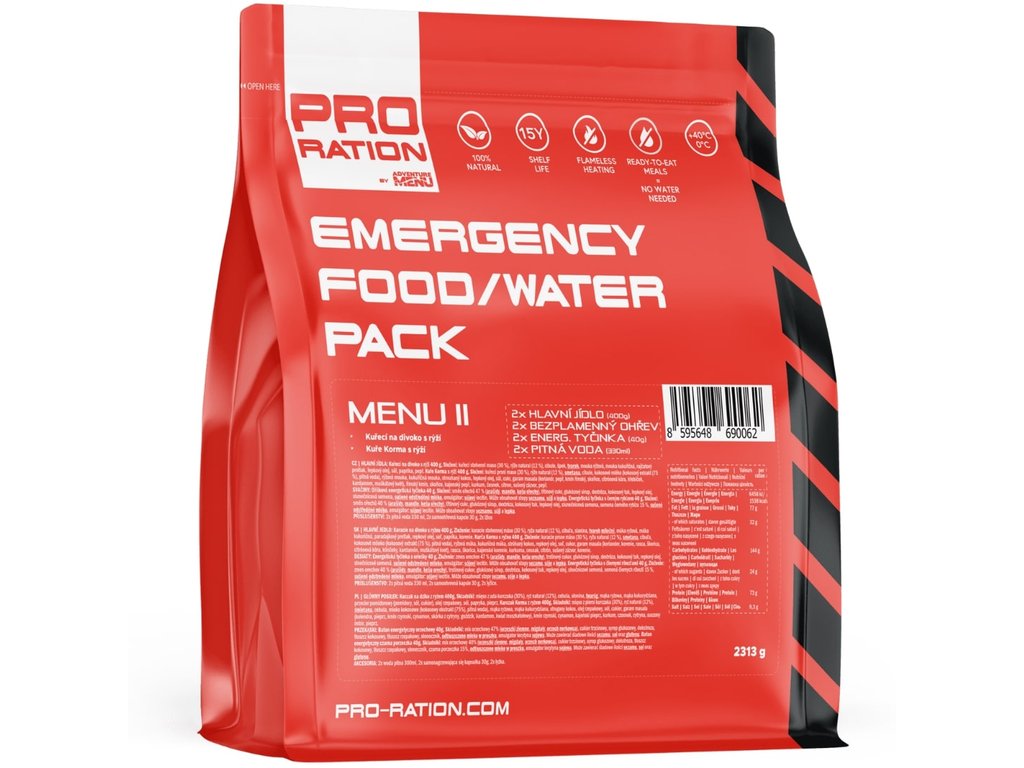 Pack de Comida/Água de Emergência Menu II PRO-RATION